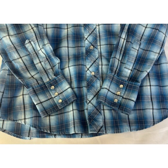 WRANGLER Plaid Pearl Snap Shirt Mens Medium Blue Western Cowboy Chest Pockets - Picture 7 of 10